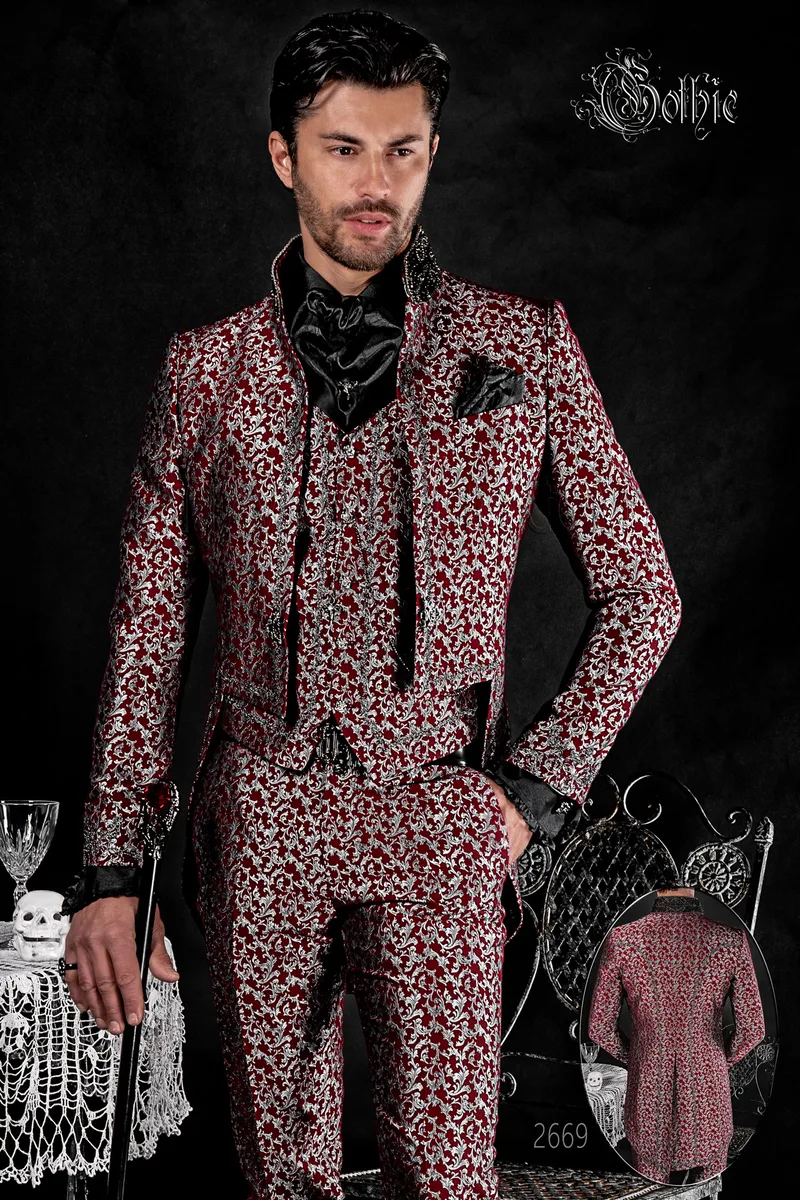 Tailcoat groom suit with gothic inspiration in red and silver brocade 1