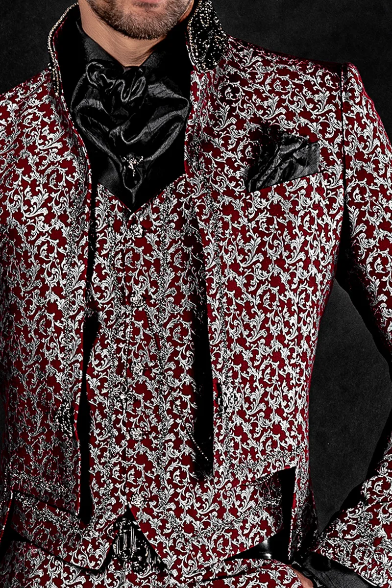 Gilet damascato con contrasto e ricamo nero-argento
