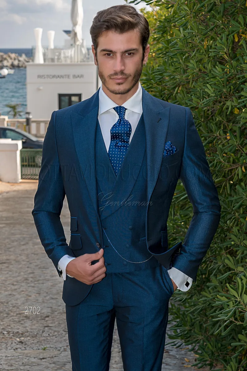 Vestito cerimonia uomo completo di gilet doppiopetto blu royal – Piano americano