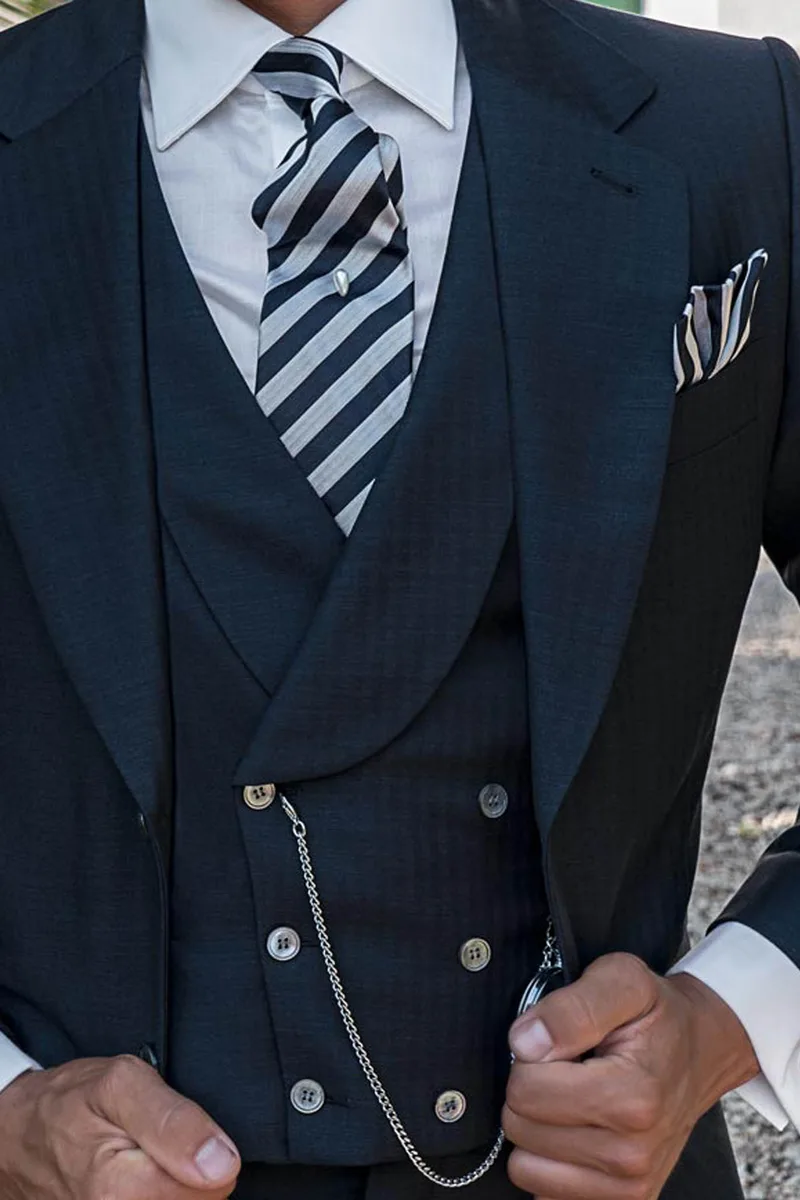 Gilet doppiopetto pura lana blu disegno spiga