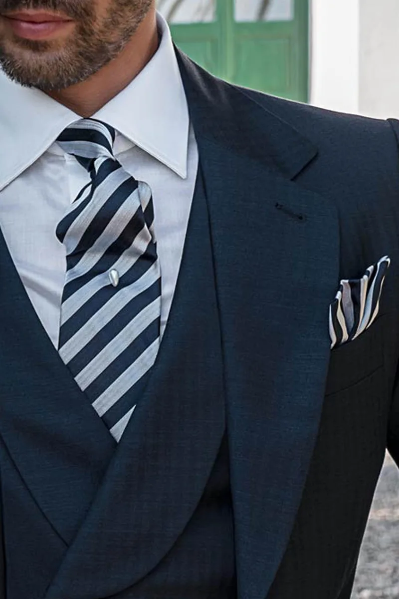 Cravatta e Fazzoletto in seta con righe blu e grigio