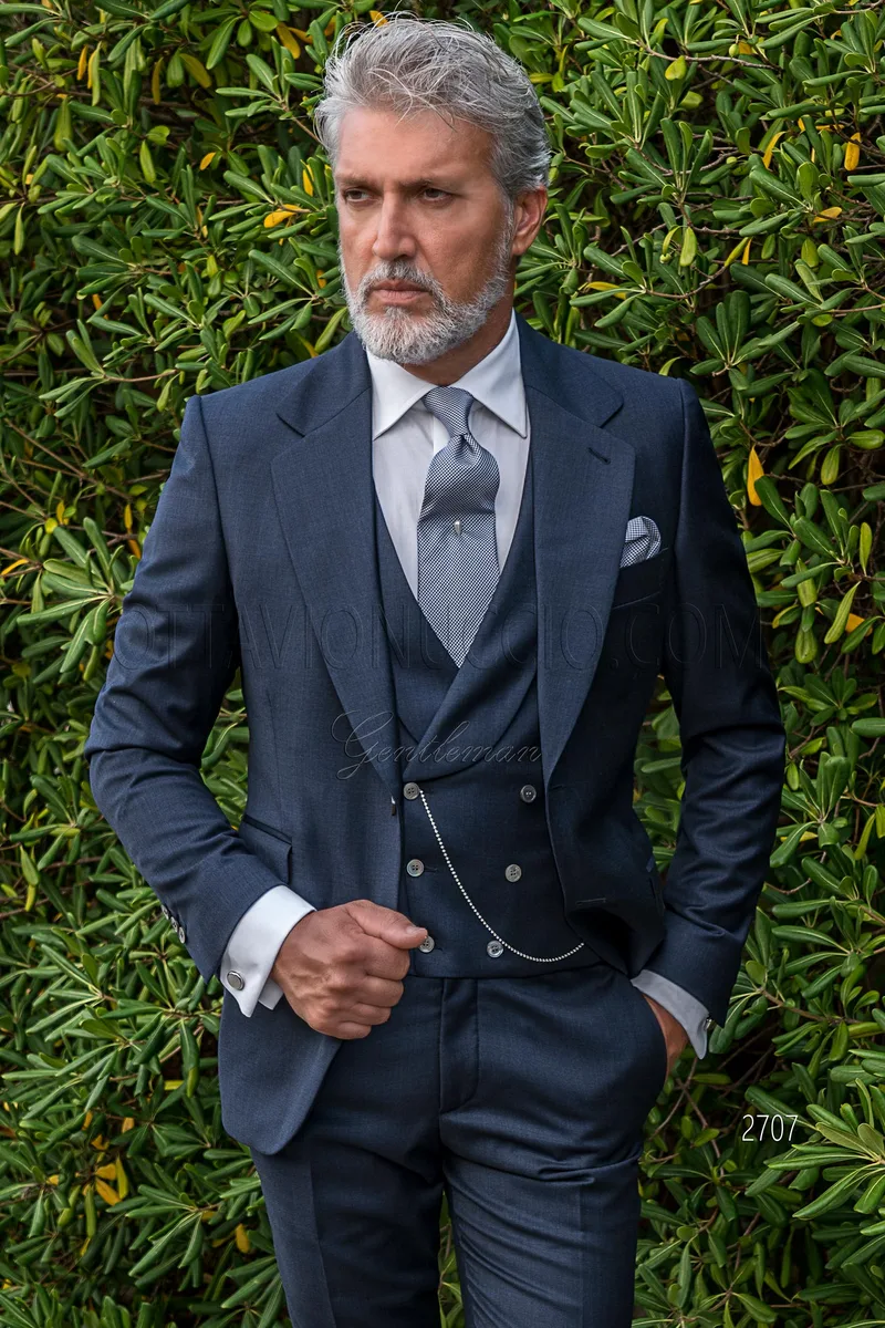 Abito 3 pezzi cerimonia uomo classico in pura lana blu – Piano americano