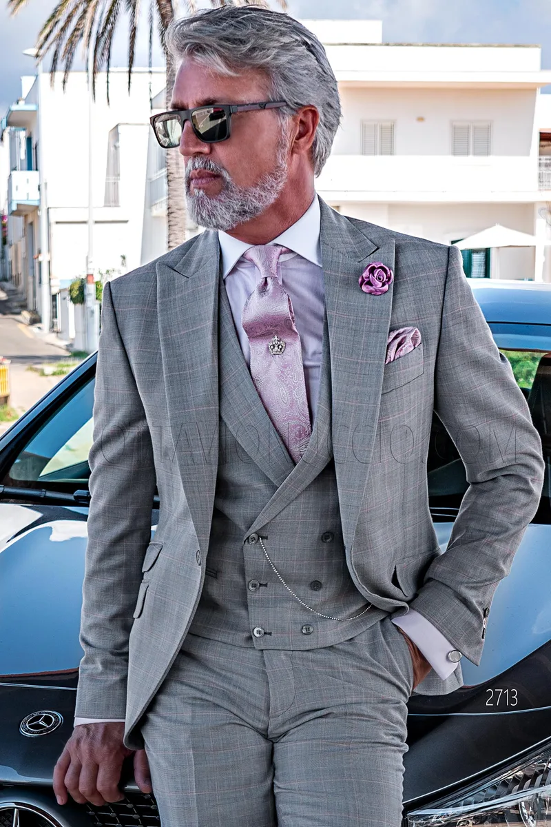 Abito elegante classico uomo in Principe di Galles grigio chiaro – Piano americano