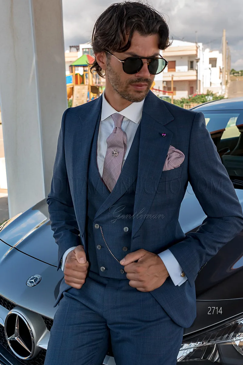 Vestito classico cerimonia uomo, gilet doppiopetto in Principe di Galles blu – Piano americano