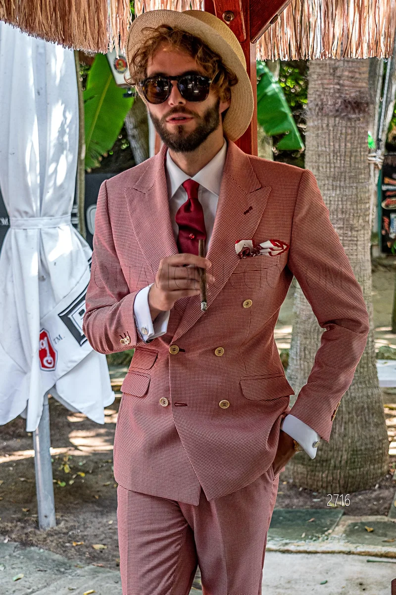 Abito uomo doppiopetto vintage chic in pied-de-poule rosso – Piano americano