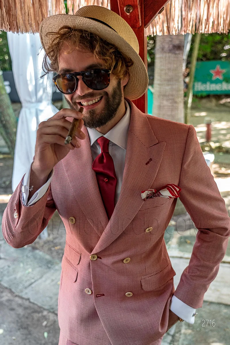 Abito uomo doppiopetto vintage chic in pied-de-poule rosso – Piano americano
