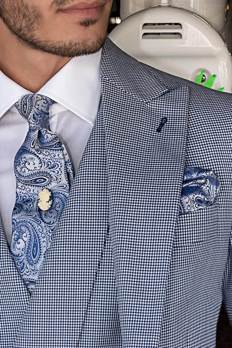 Cravatta e Fazzoletto in seta cachemire grigio perla con bluette