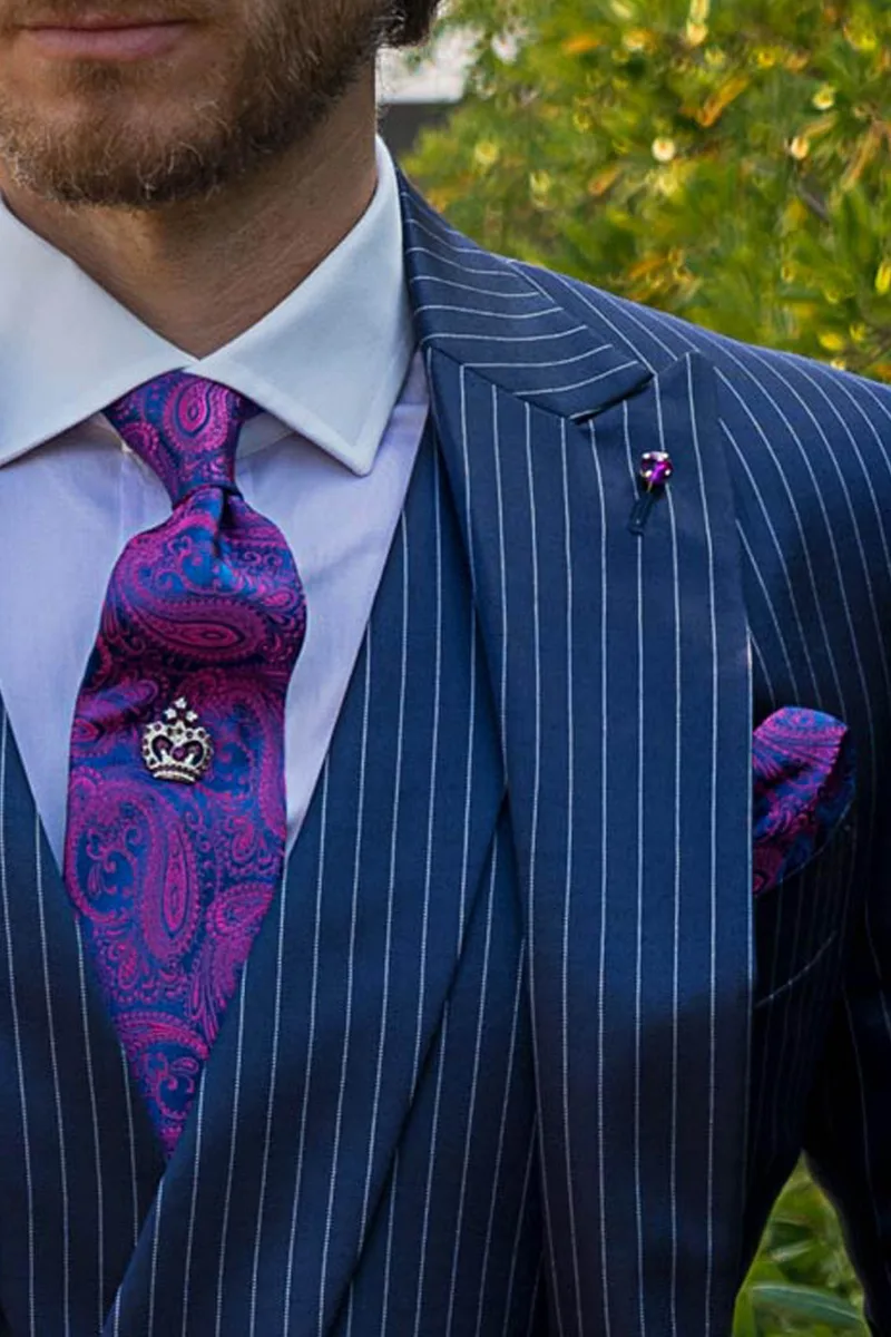 Cravatta e Fazzoletto in seta cachemire bluette con fucsia