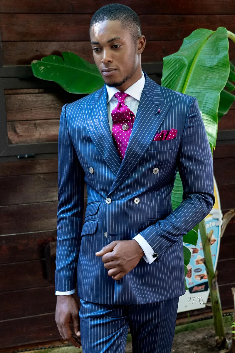 Men's modern double-breasted suit in royal blue pinstripe 1