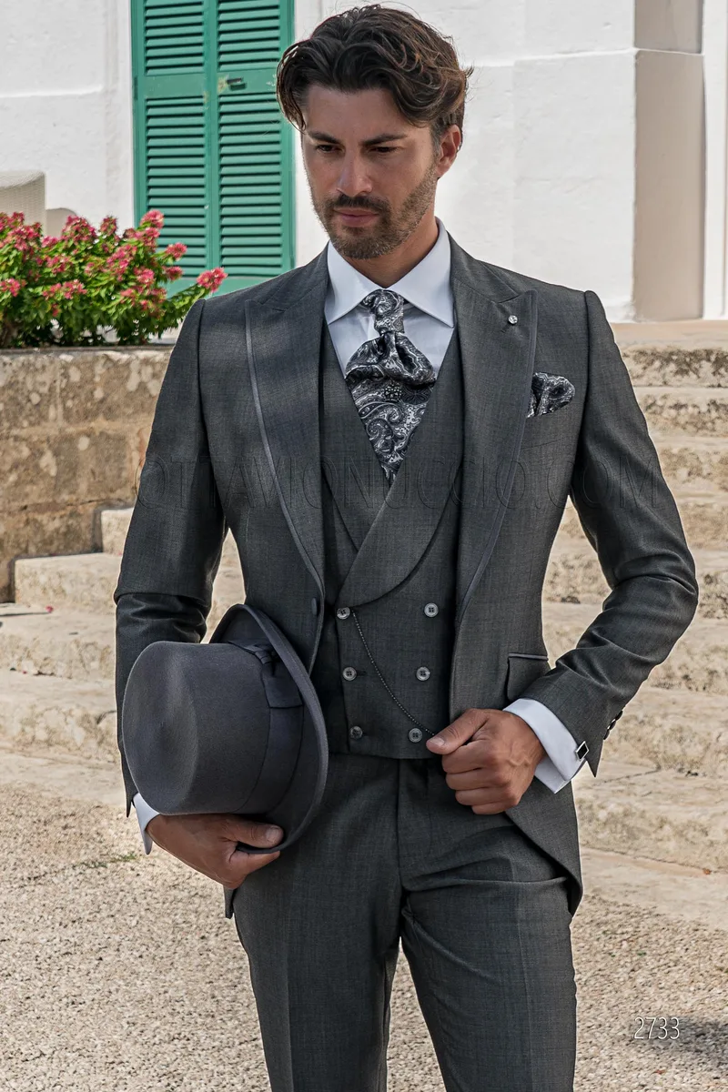 Men's fashion grey formal suit with double-breasted waistcoat – Three-quarter view