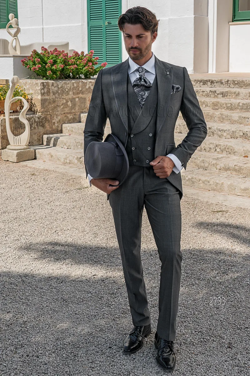 Men's fashion grey formal suit with double-breasted waistcoat – Full-length view