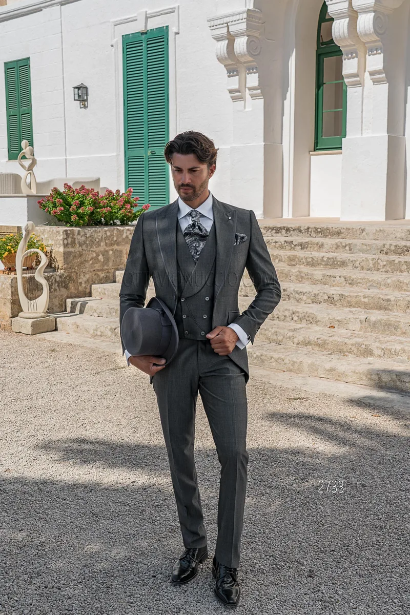 Men's fashion grey formal suit with double-breasted waistcoat – Full-length view
