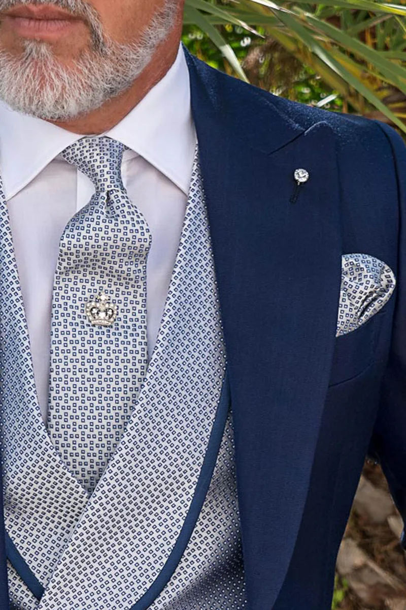 Cravatta e Fazzoletto in seta microdisegni royal su grigio perla