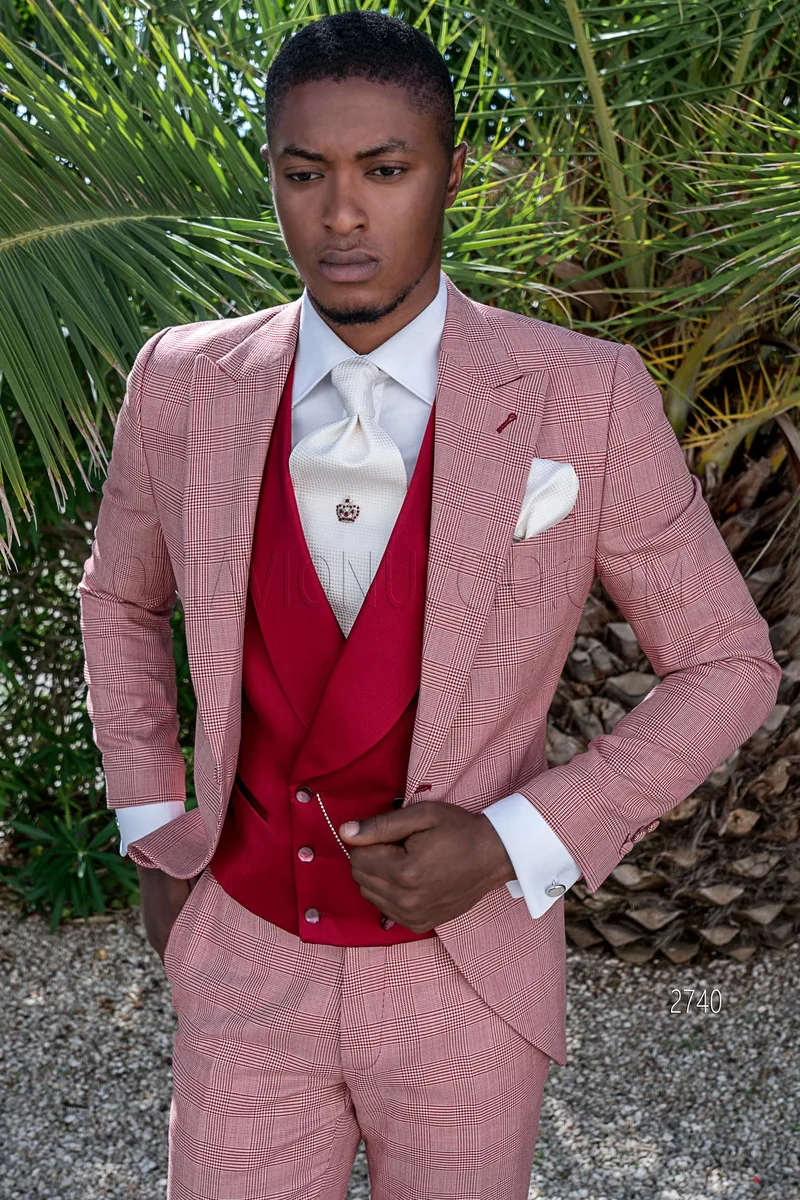 Abito elegante da cerimonia in principe di Galles rosso, gilet doppiopetto rosso 1