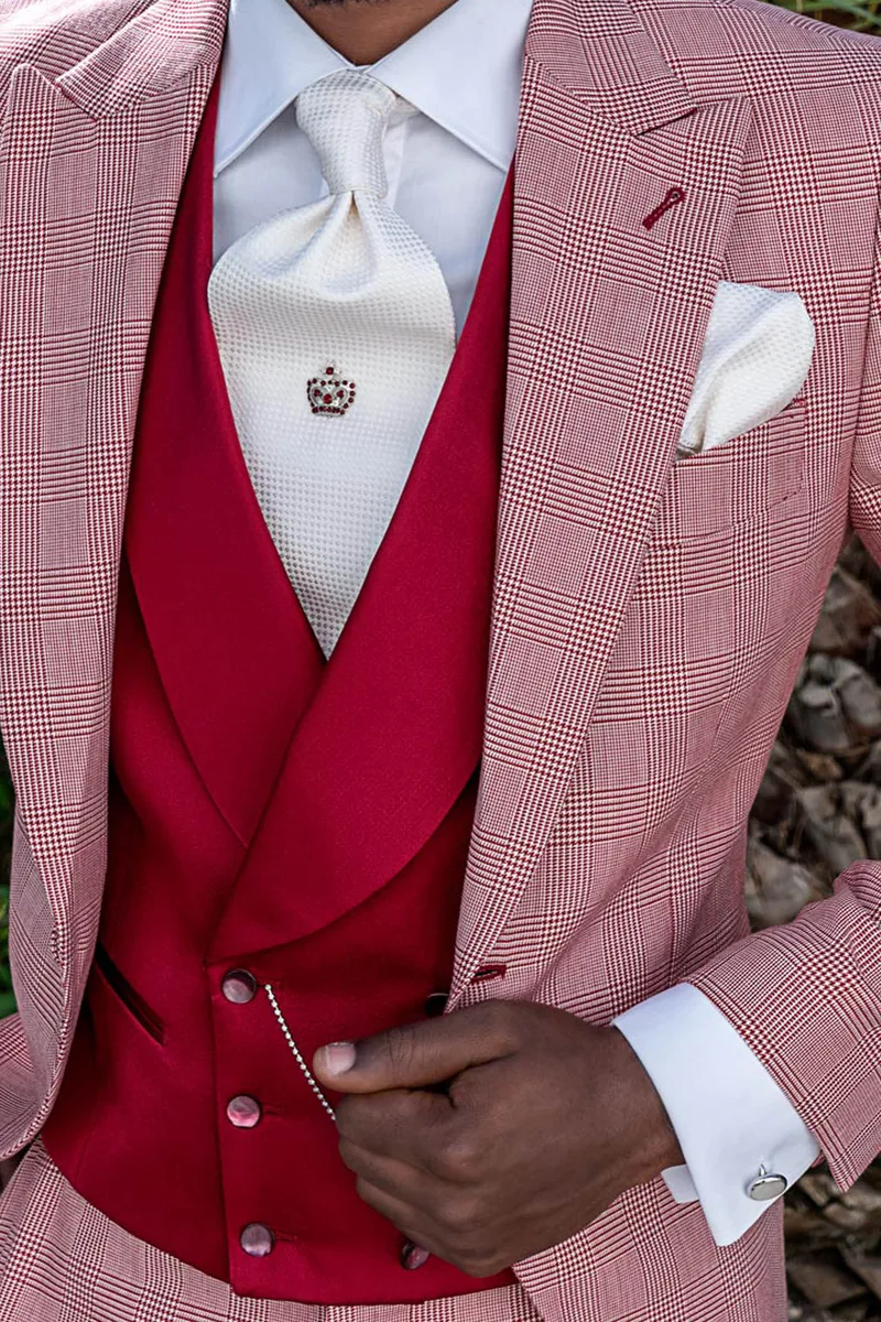 Abito elegante da cerimonia in principe di Galles rosso, gilet doppiopetto rosso 2