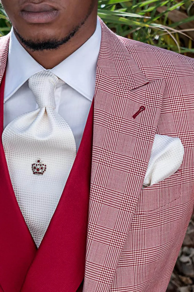 Abito elegante da cerimonia in principe di Galles rosso, gilet doppiopetto rosso 3