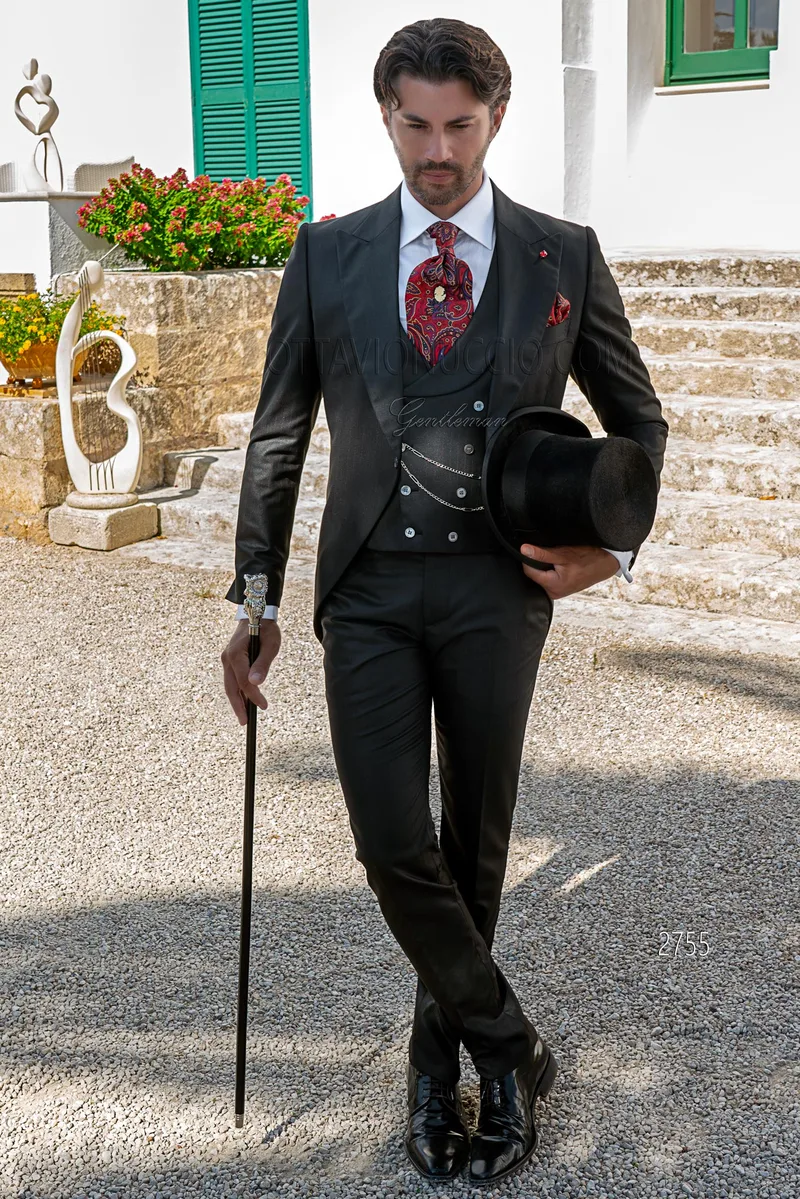 Men's modern black morning suit with red pinstripe, double-breasted shawl lapel waistcoat – Full-length view
