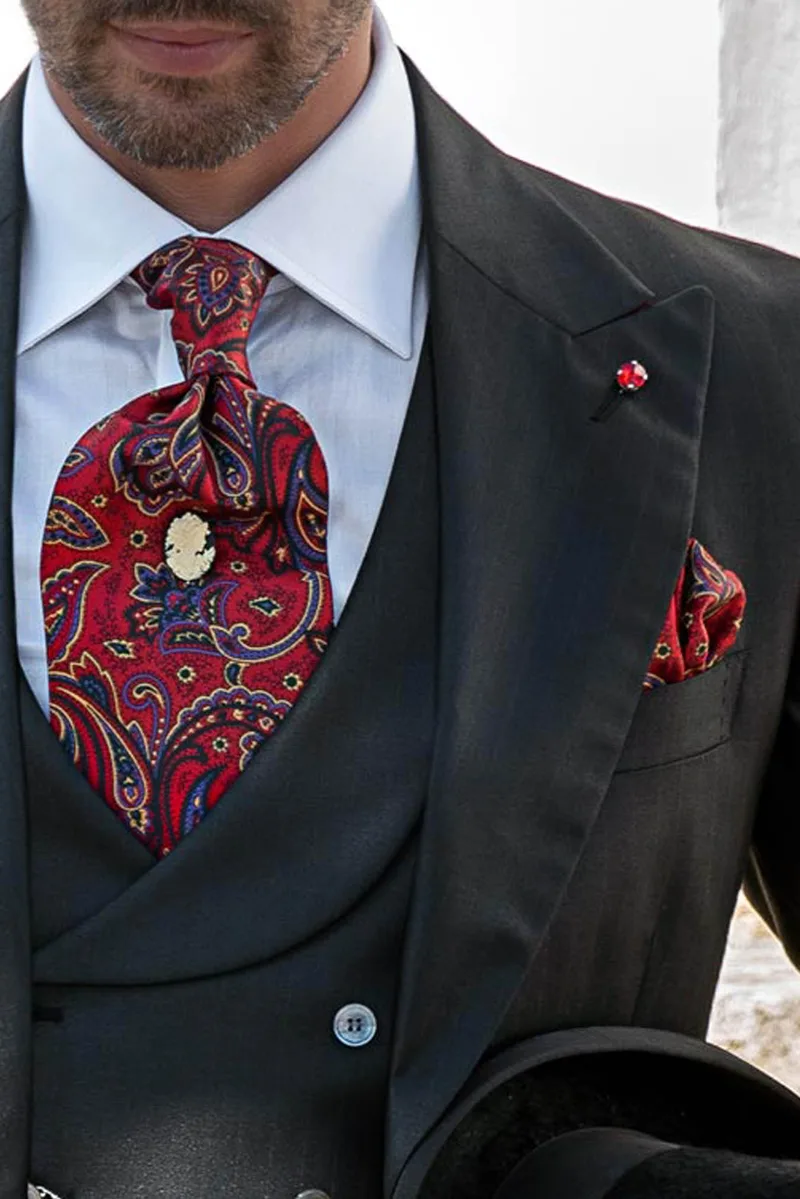 Men's modern black morning suit with red pinstripe, double-breasted shawl lapel waistcoat 3