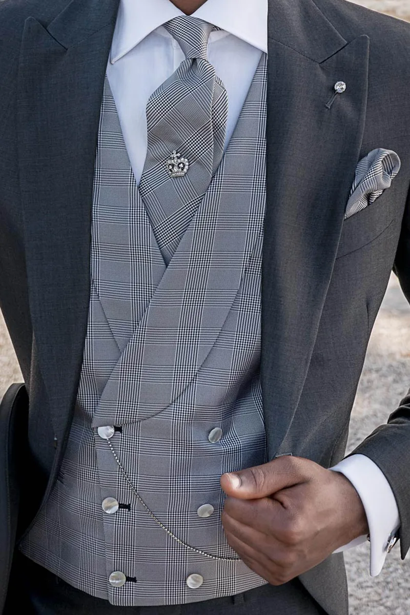 Gilet Principe di Galles sciallato doppiopetto grigio