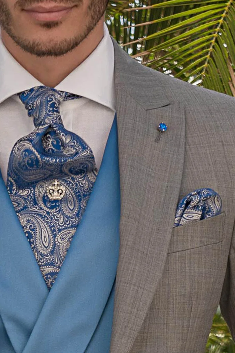 Cravattone e Fazzoletto in seta cachemire bluette argento
