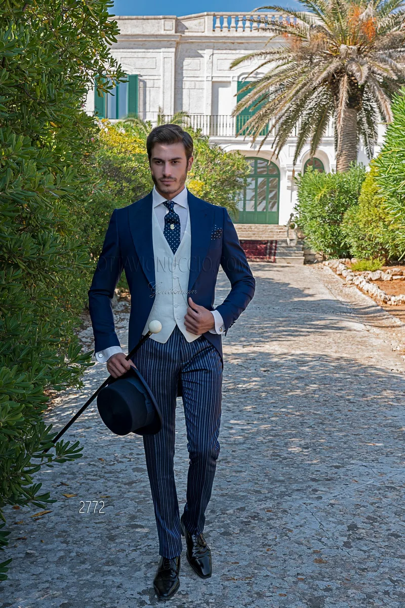 Moderner blauer Demi-Cut mit klassischer gestreifter Hose und weißer Weste 2