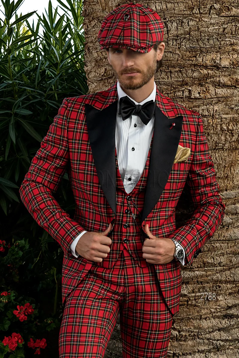 Smoking uomo completo in lana tartan Royal Stewart rosso – Piano americano