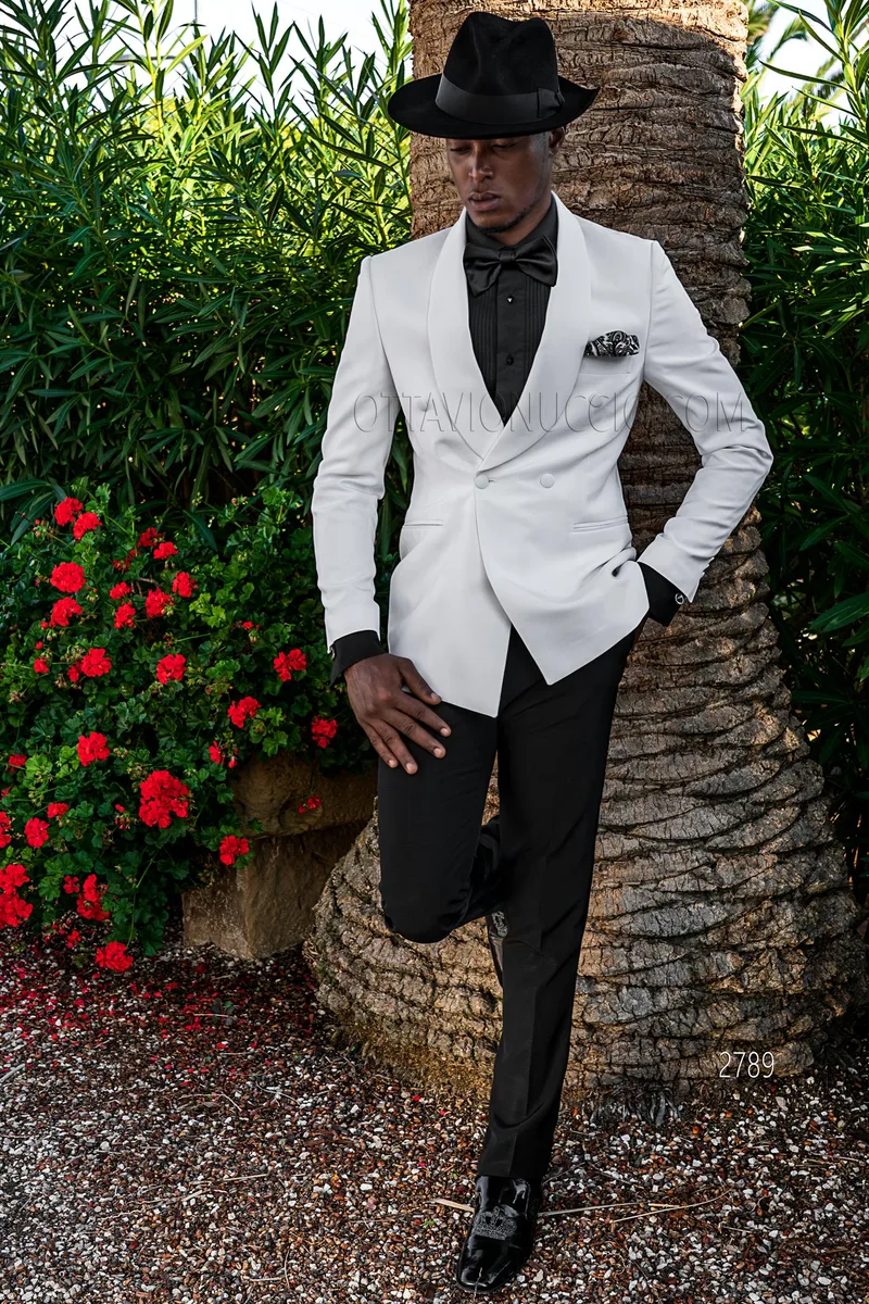 White double-breasted shawl lapel tuxedo jacket and black trousers – Full-length view