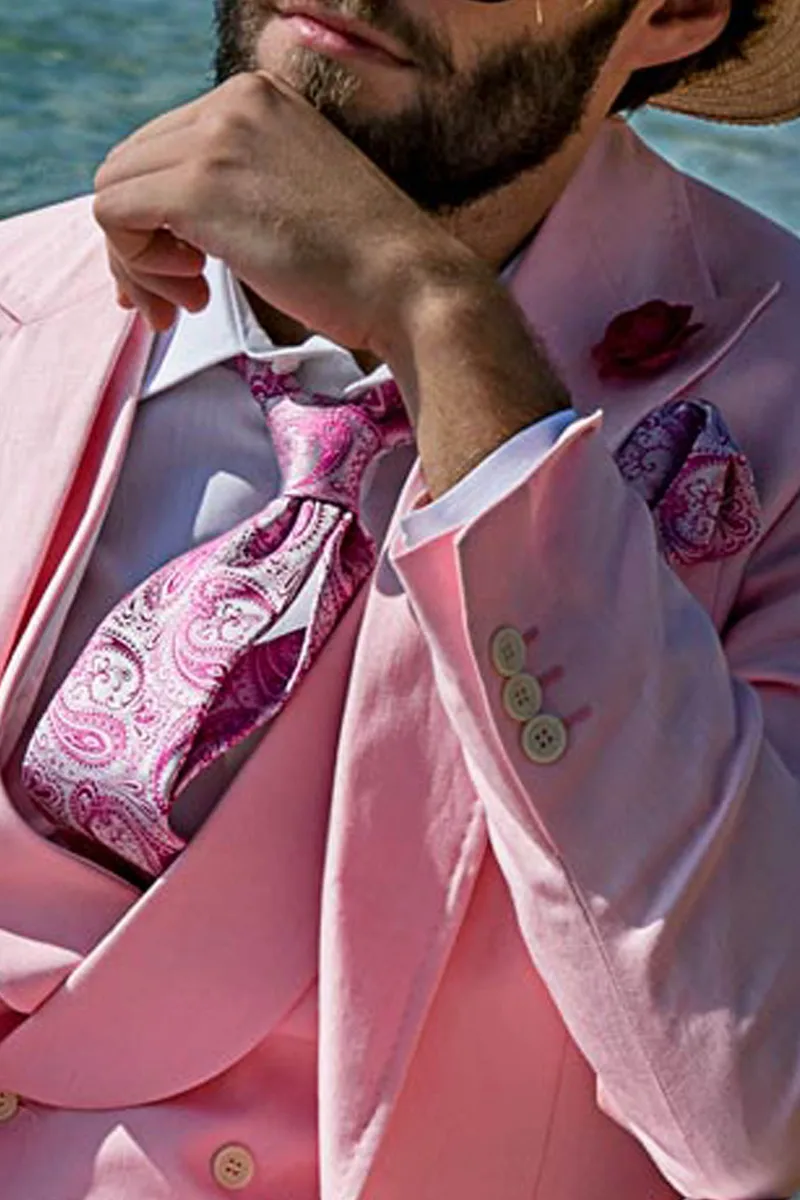 Cravatta e Fazzoletto in seta cachemire grigio perla con rosa