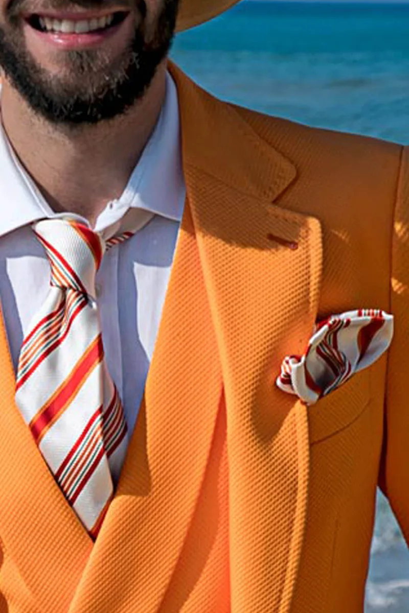 Cravatta e fazzoletto seta jacquard righe arancio su fondo bianco
