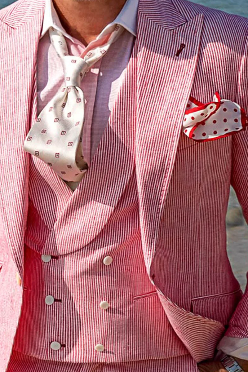 Gilet doppiopetto sciallato in puro lino millerighe bianco e rosso