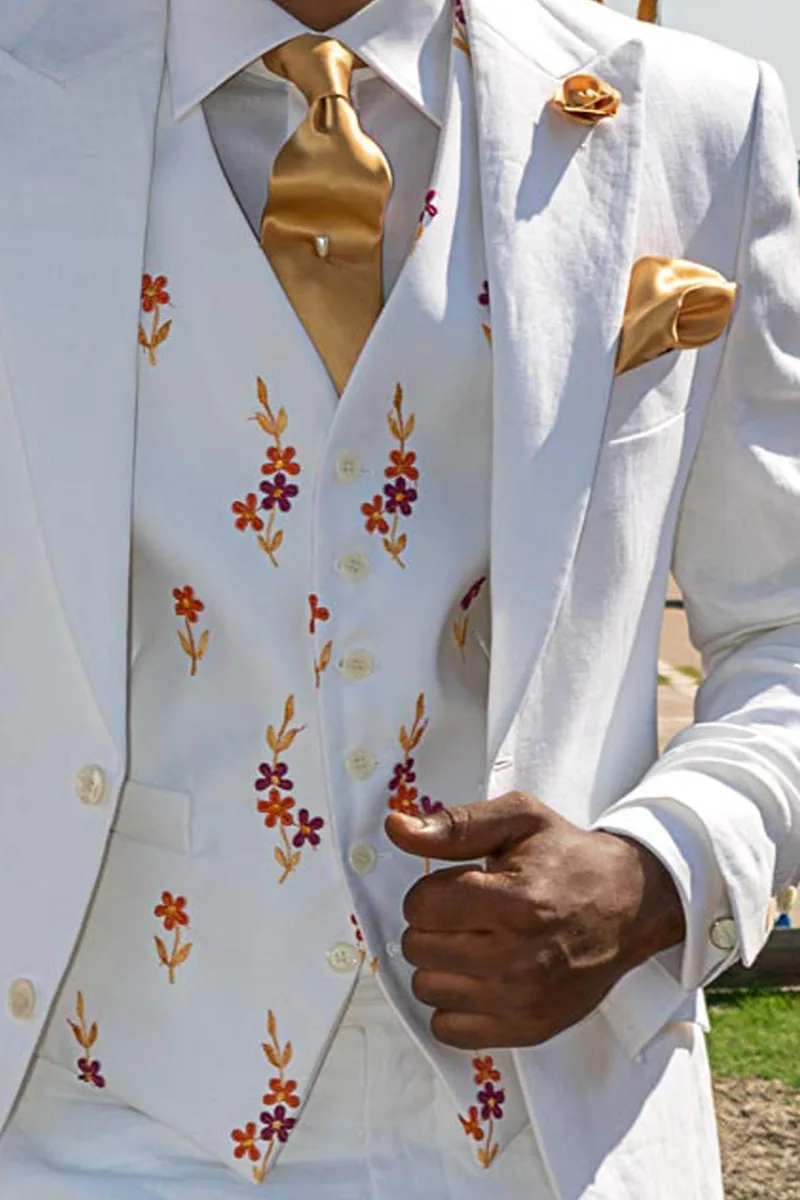 Gilet in tessuto millerighe bianco con ricamo a fiori in rilievo