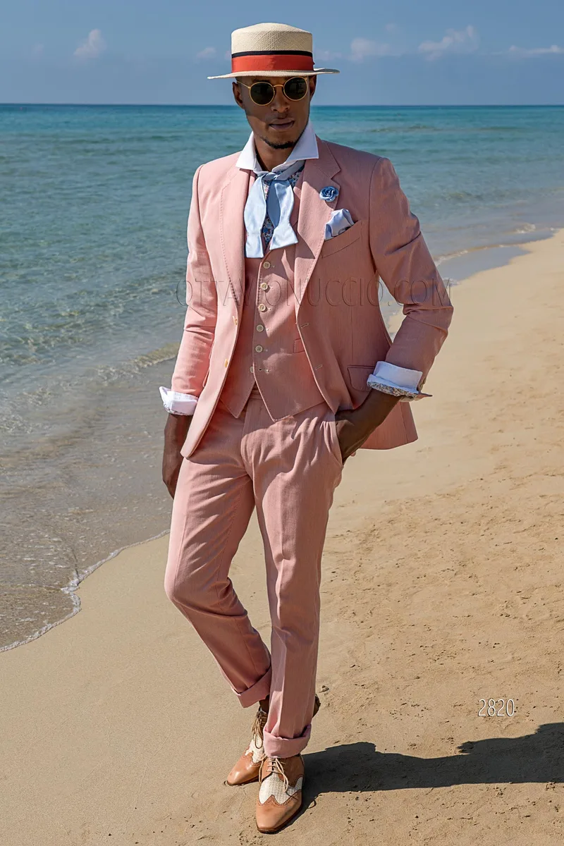 3-piece formal suit in shabby chic style in red striped cotton 1