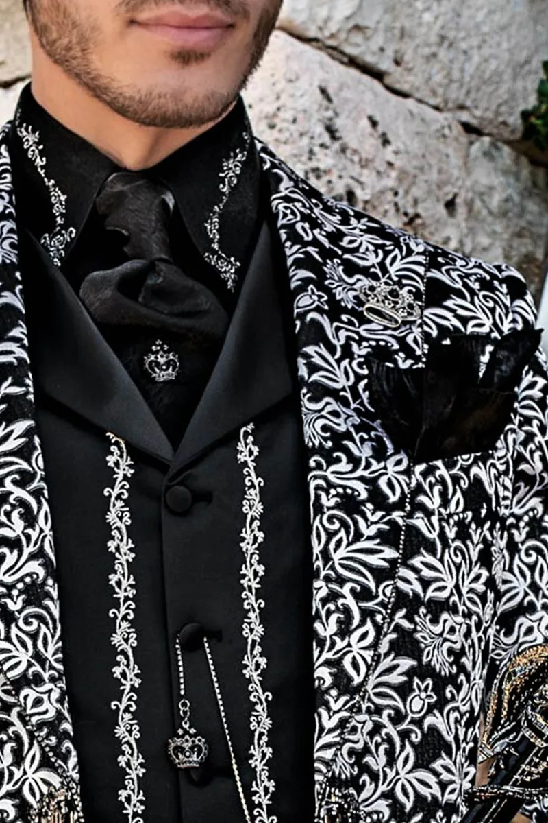 Men's suit in Gothic style, black and silver brocade with black satin trousers 3