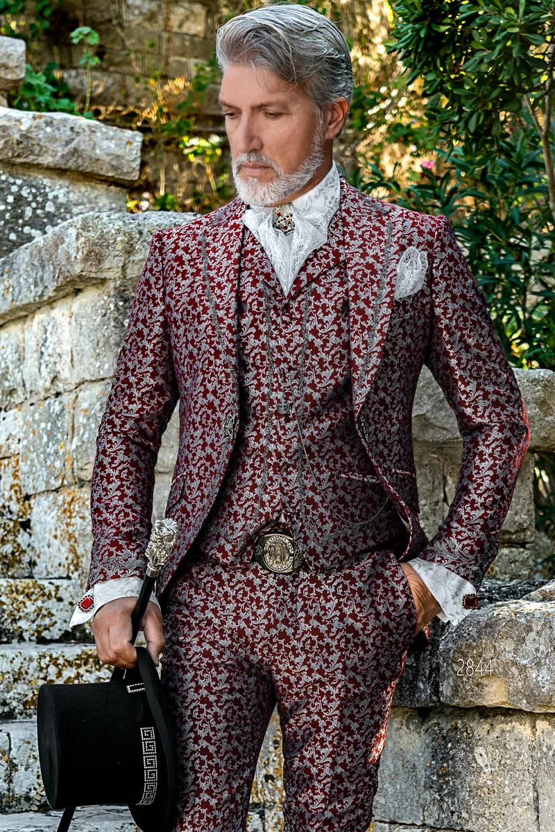 Men's Baroque period suit in red and silver with black-silver embroidery – Three-quarter view