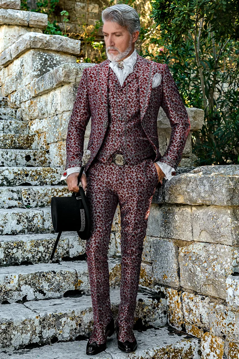 Men's Baroque period suit in red and silver with black-silver embroidery – Full-length view