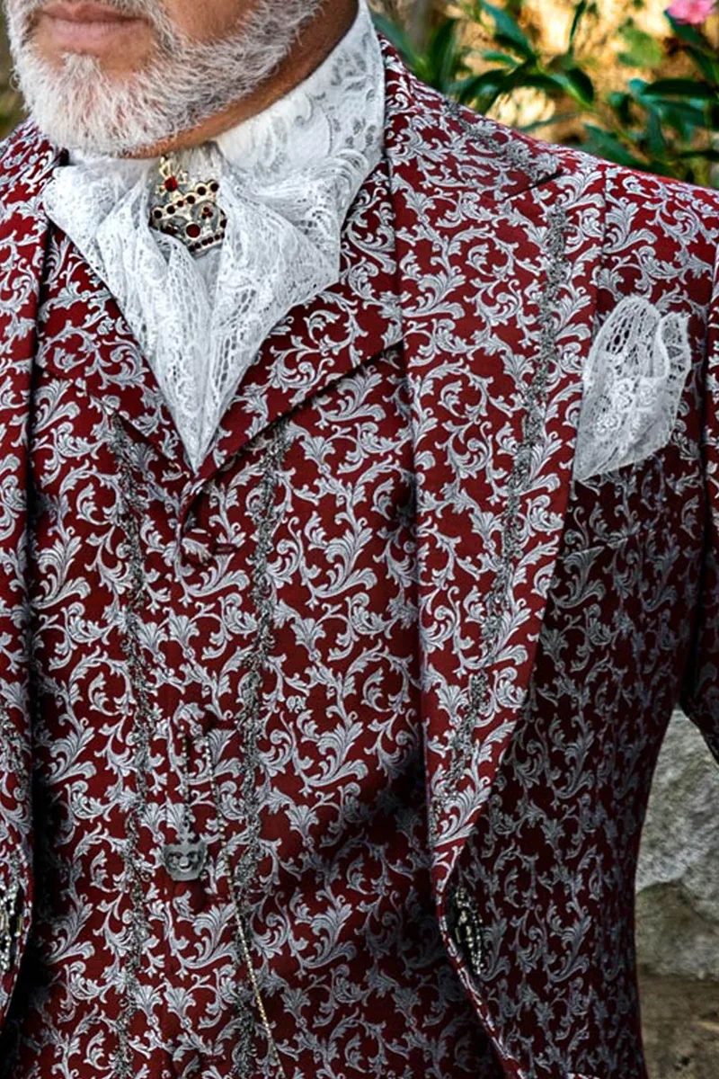 Men's Baroque period suit in red and silver with black-silver embroidery 3