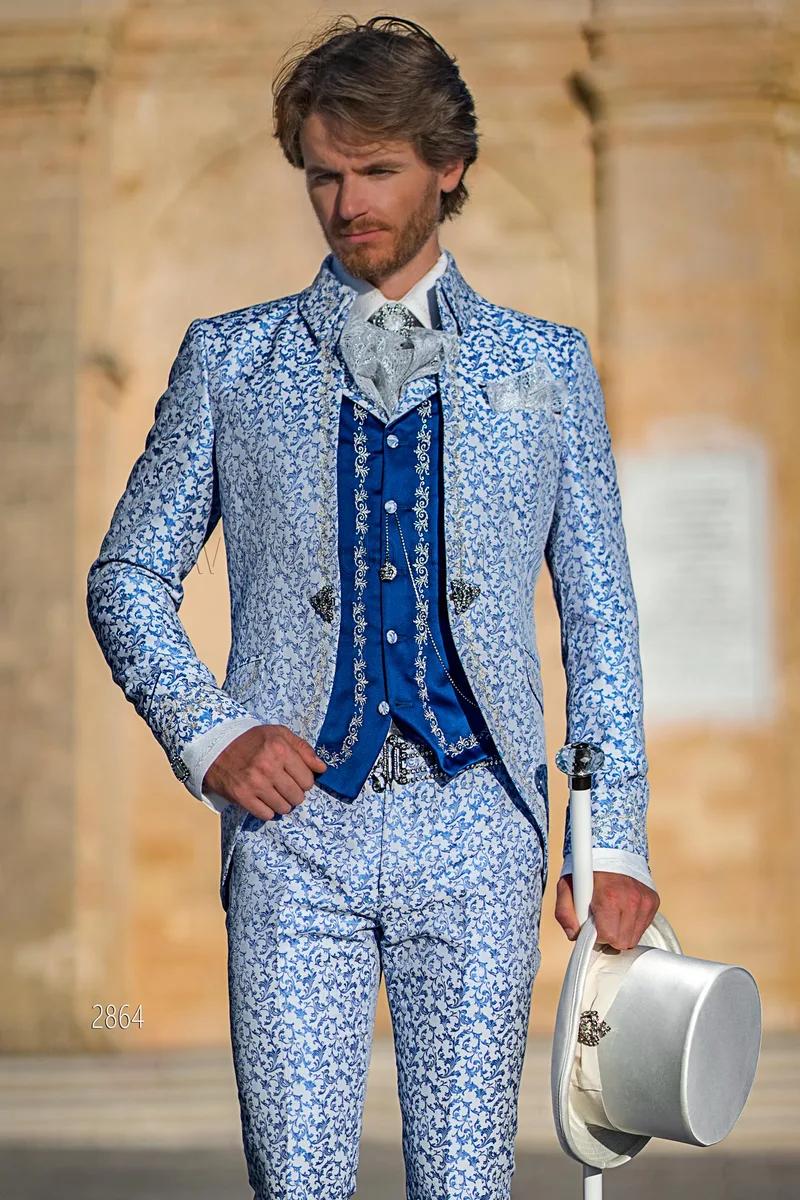 Baroque formal suit in royal blue damask with silver embroidery – Three-quarter view