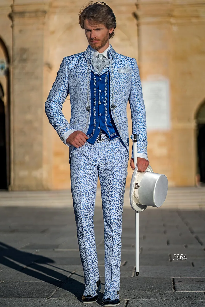 Baroque formal suit in royal blue damask with silver embroidery – Full-length view