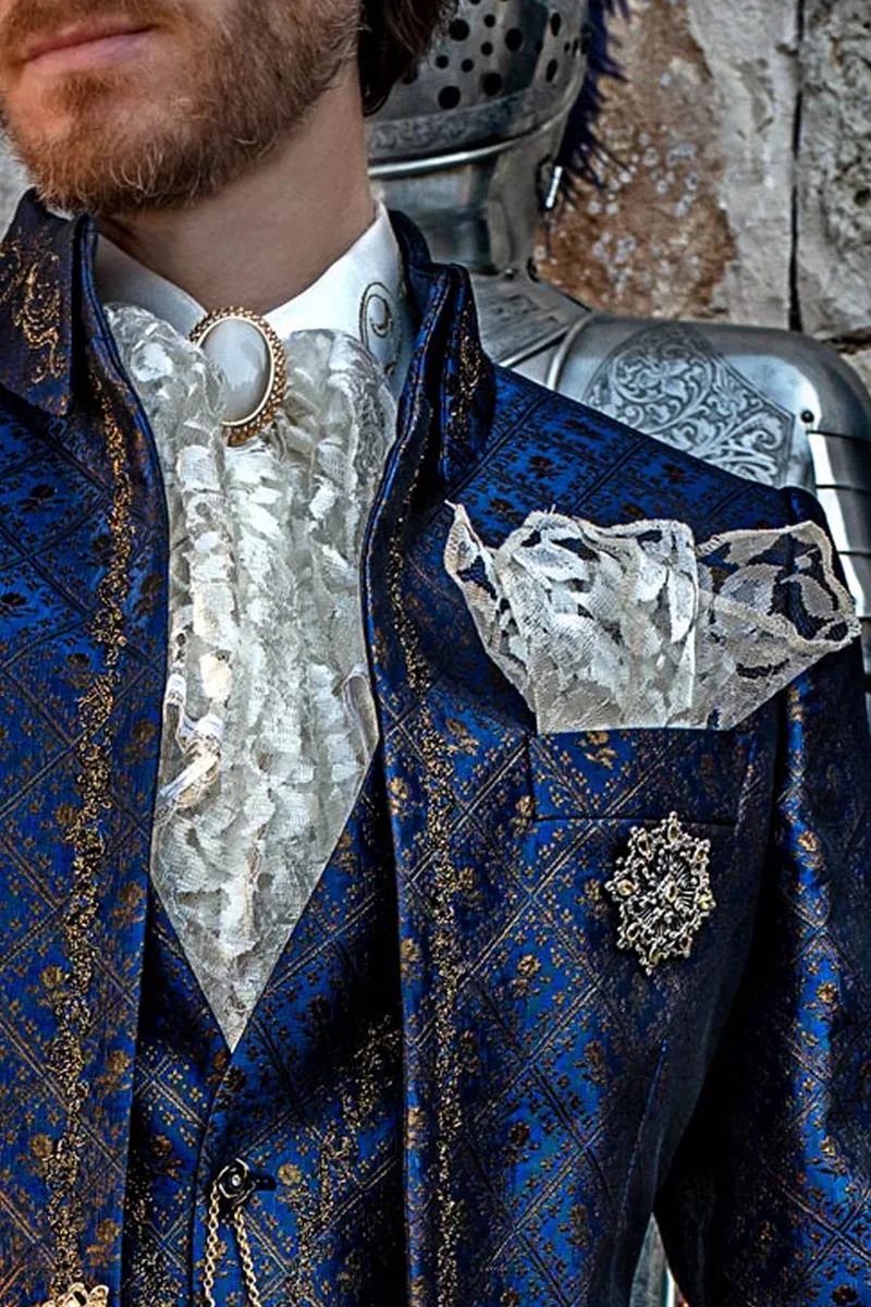 Luxury formal tailcoat in blue brocade with gold-black embroidery for a distinctive style 3
