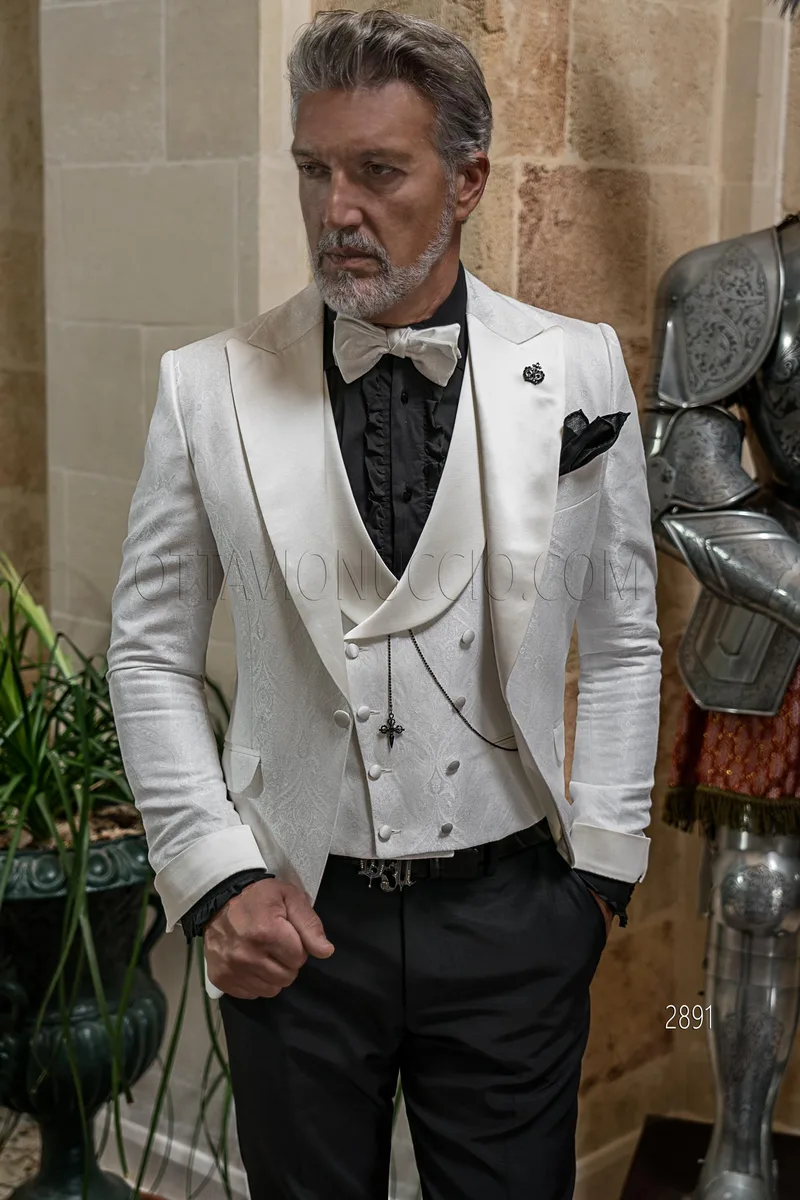 Distinctive modern style men's tuxedo in white damask with matching waistcoat 1