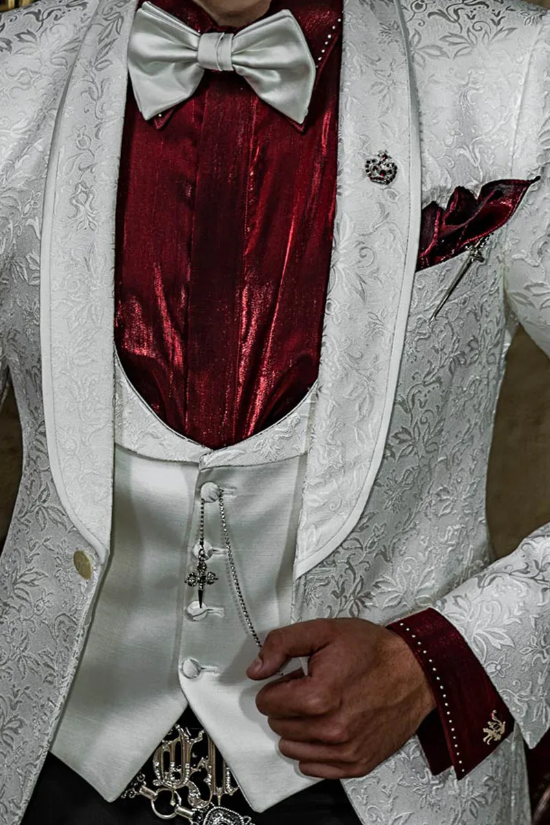 Gilet sciallato misto lana raso bianco rever broccato bianco