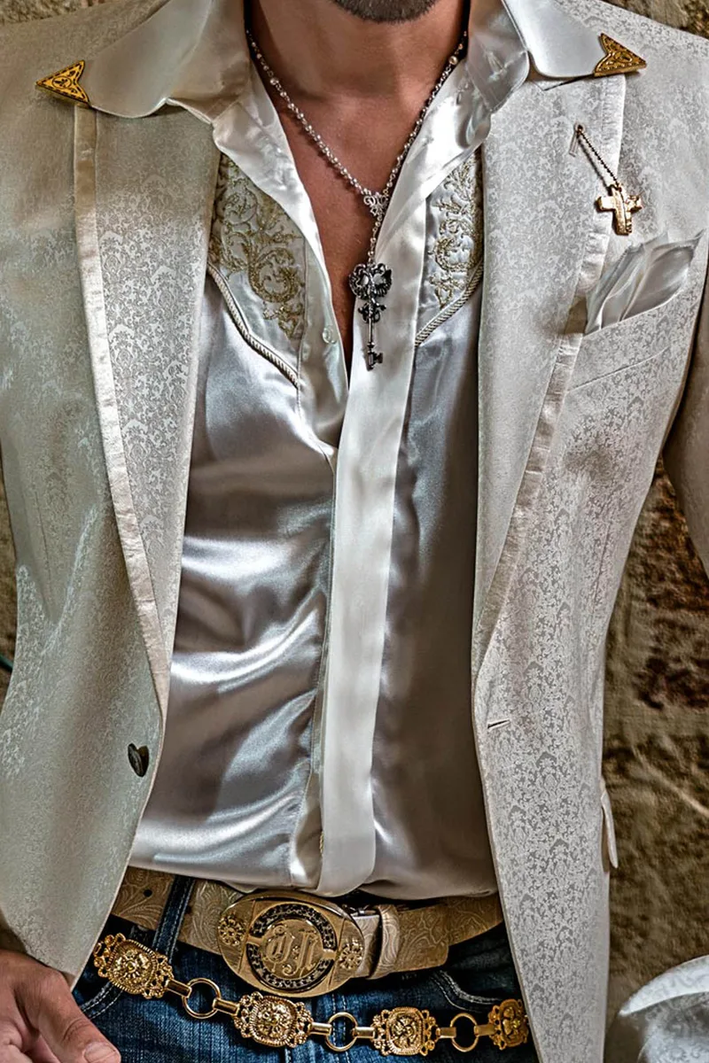 Camicia in raso avorio con ricamo oro