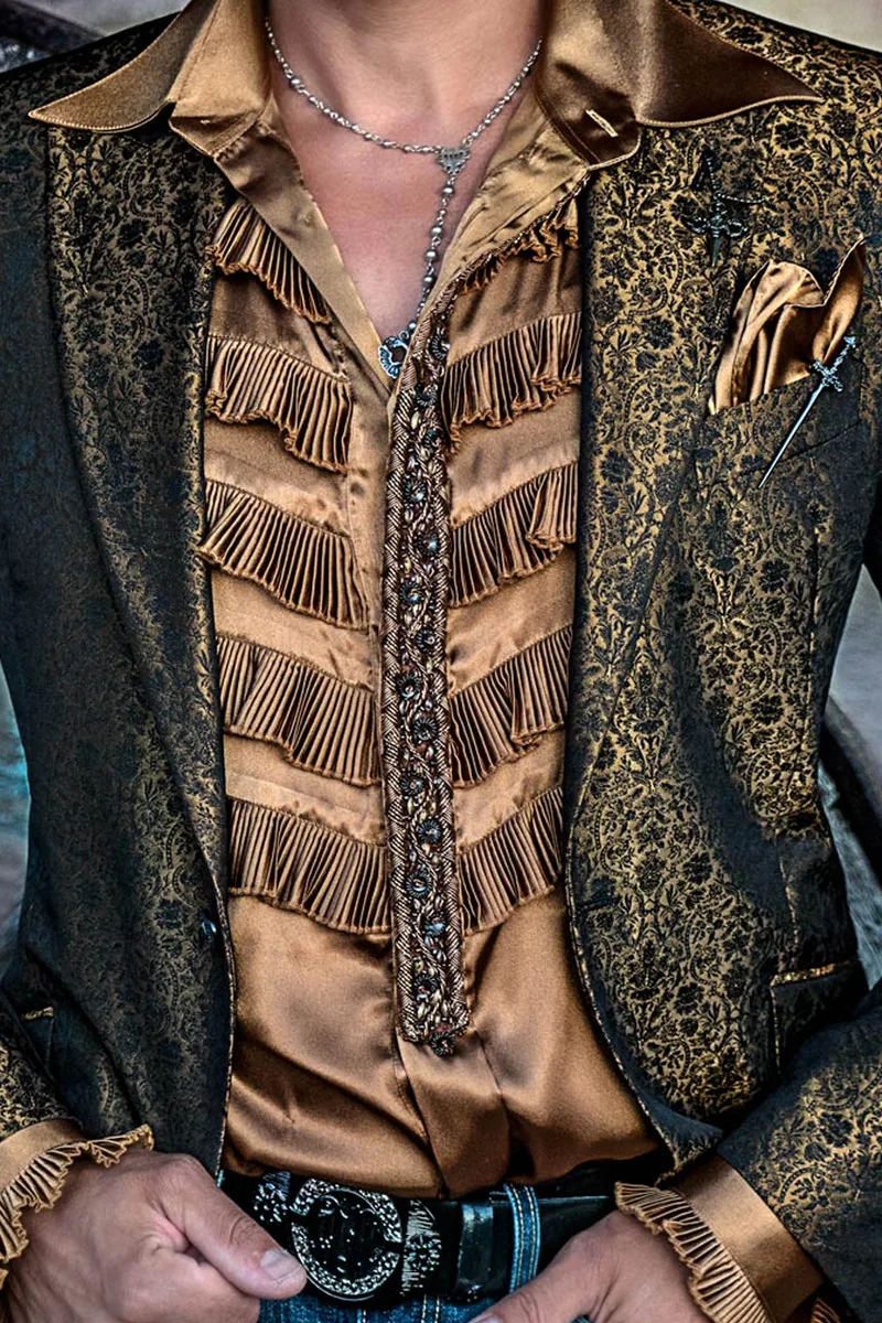 Camicia in raso oro scuro con plissé