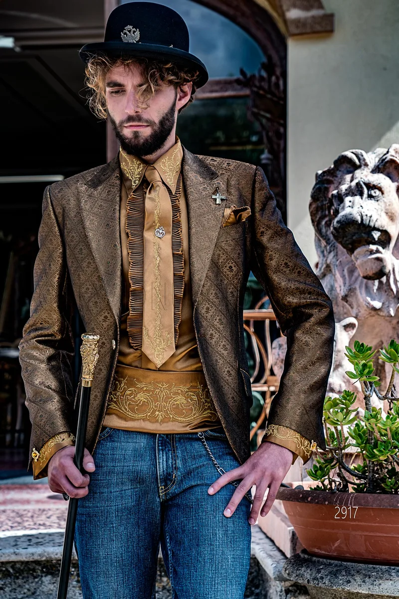 Men's fashion jacket in bronze brocade fabric in baroque style 1