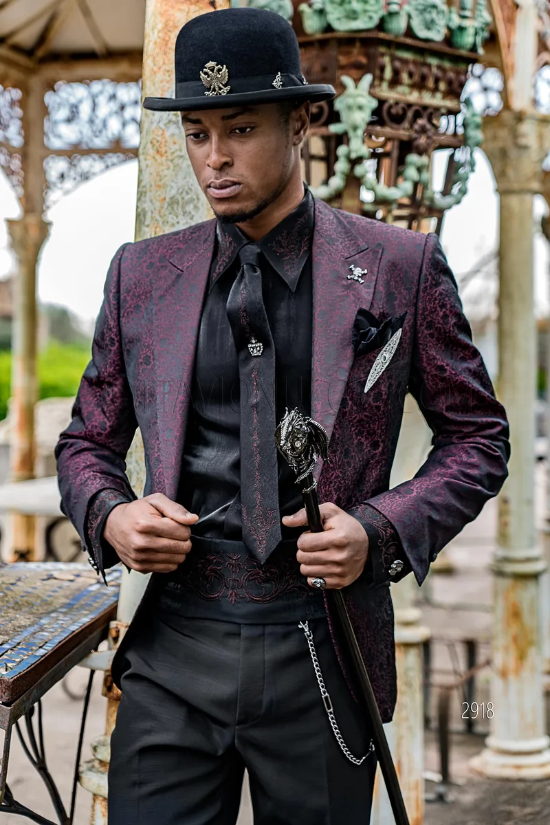 Men's formal suit with black and burgundy damask jacket and black trousers 1