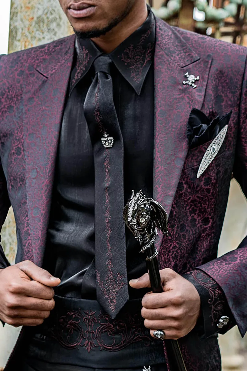 Black Lurex Shirt, Tie and Cummerbund Set with Embroidery