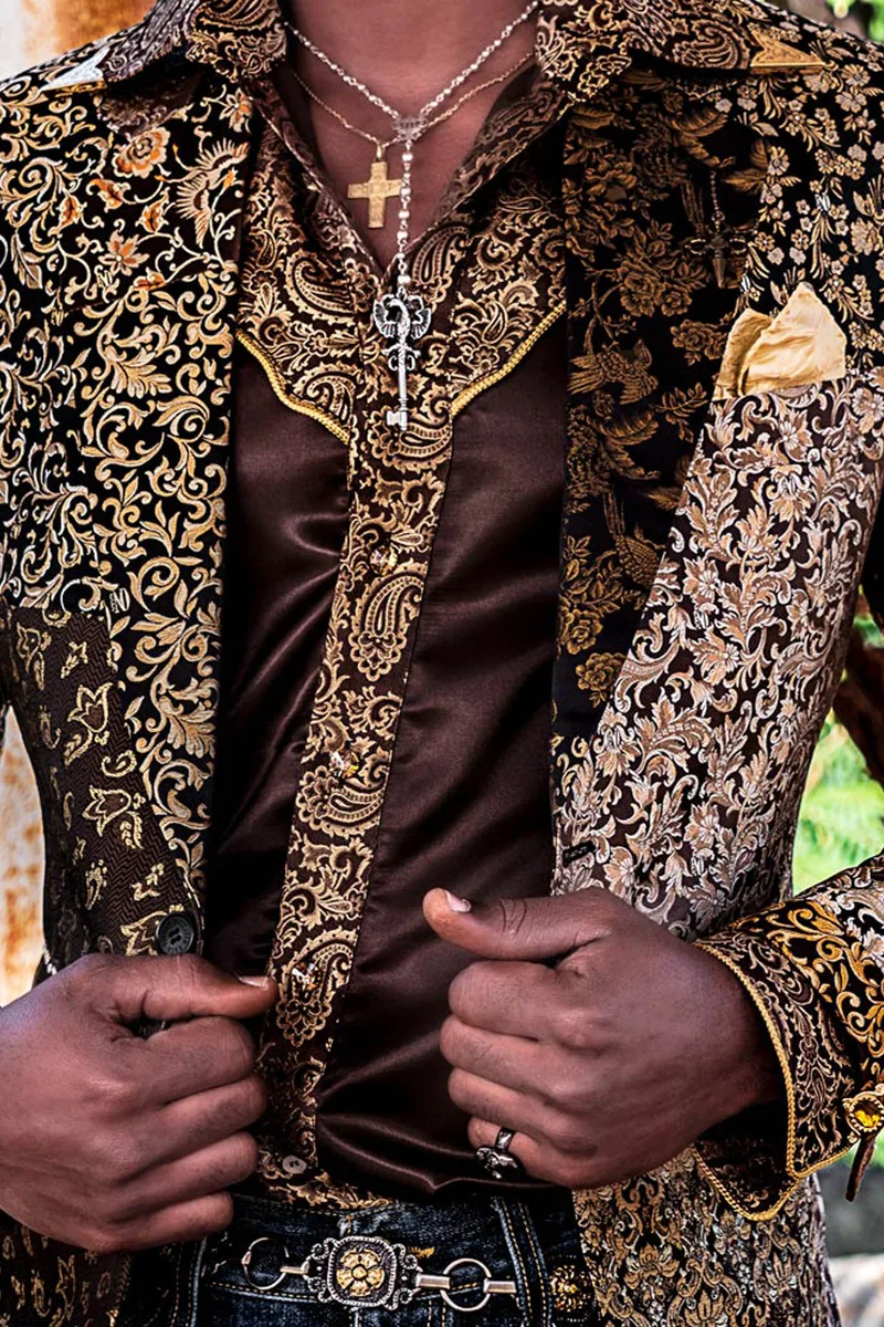Camicia in raso marrone con inserti di tessuto fantasia