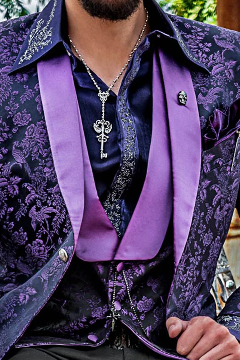 Gilet in seta jacquard nero e viola