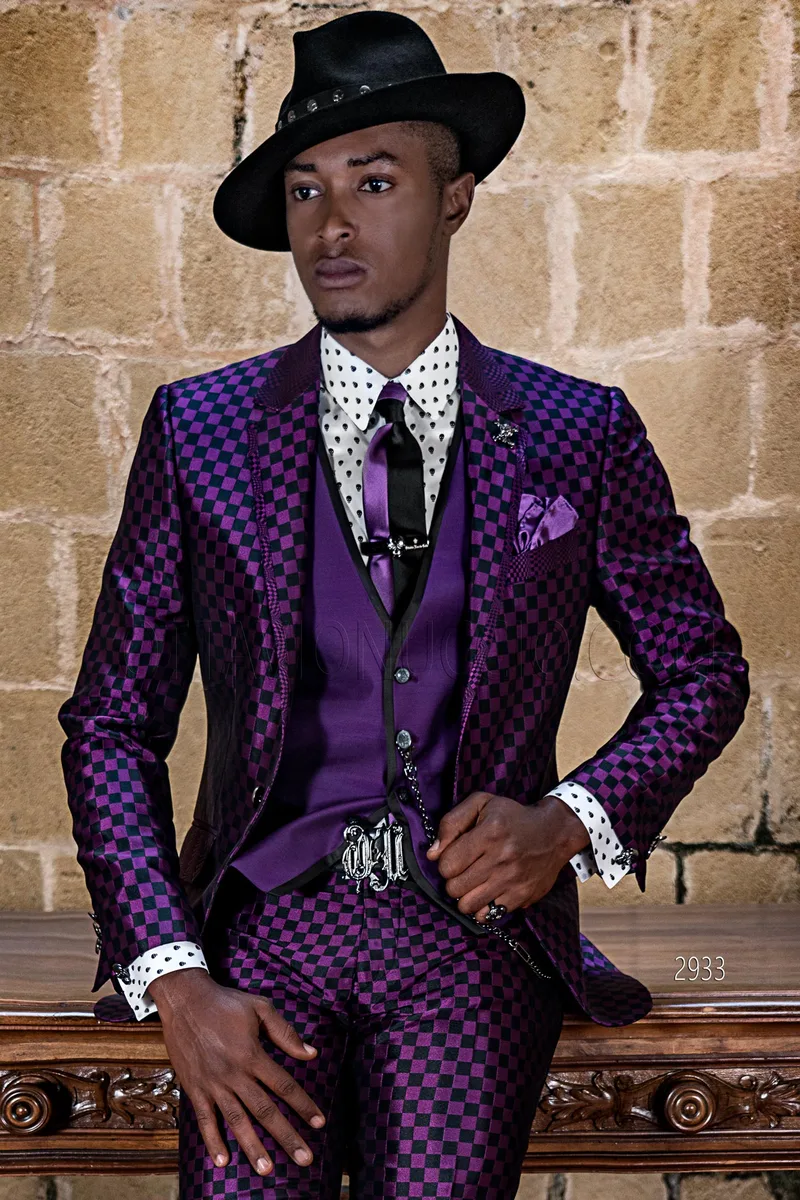 Men's formal suit in vintage chic style with purple and black check pattern – Three-quarter view