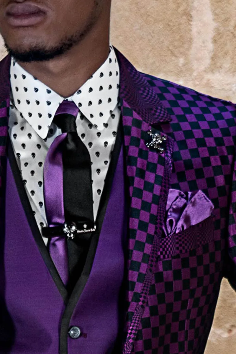 Cravattino bicolore nero e viola in raso con fazzoletto